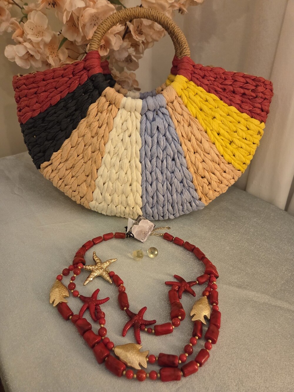 NWT Sea Starfish Shell Oceanic Necklace Braided Straw Handbag Marbled Earrings